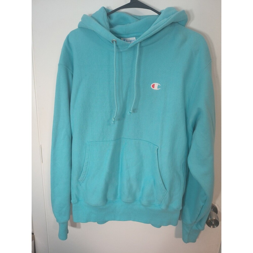 Vtg Champion Reverse Weave Embroidered Hoodie Sweatshirt Mens Medium Turquoise M